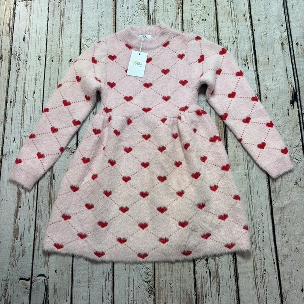 Lola & the Boys Girls Pink Heart Pattern Fuzzy Long Sleeve Dress 11-12 NWT